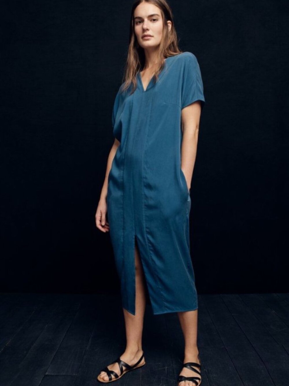 Universal Standard for J.Crew Cupro Lagenlook Dress Teal Relaxed Midi Size Small